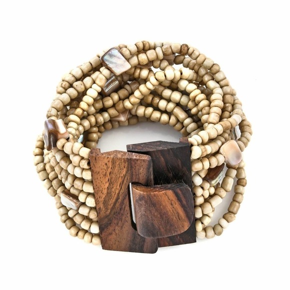 Cream Seed Bead Necklace Bracelet Stretches Wood Bead Necklace Multi Strand Boho - Picture 5 of 6